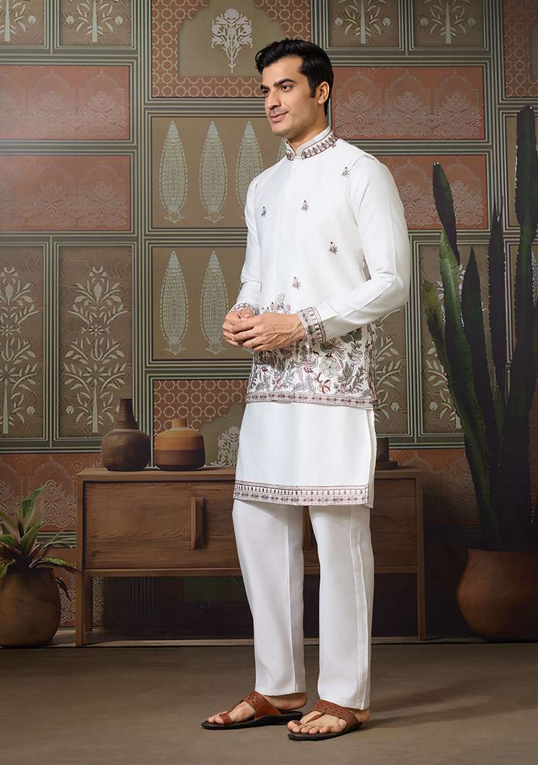White Embroidered Silk Kurta Set For Men - Indya
