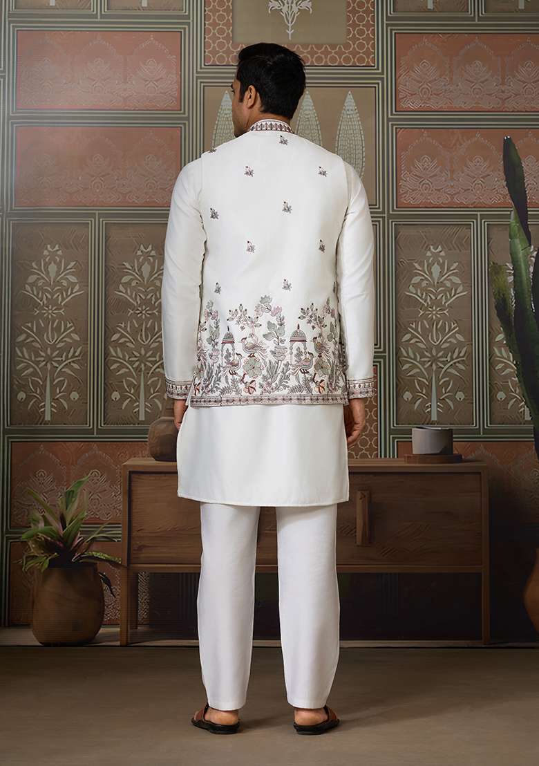 White Embroidered Silk Kurta Set For Men - Indya