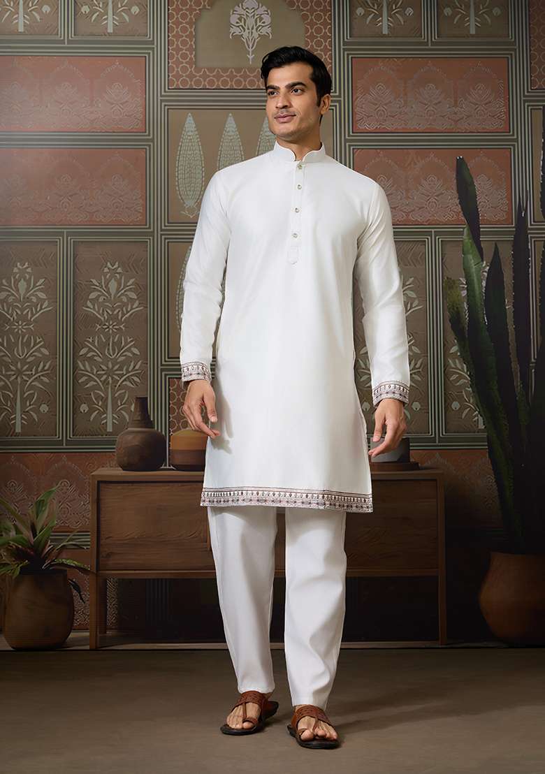 White Embroidered Silk Kurta Set For Men - Indya