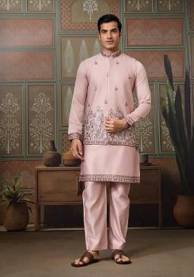 Pink Embroidered Silk Kurta Set For Men
