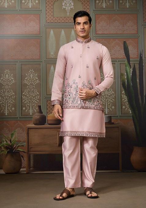 Pink Embroidered Silk Kurta Set For Men