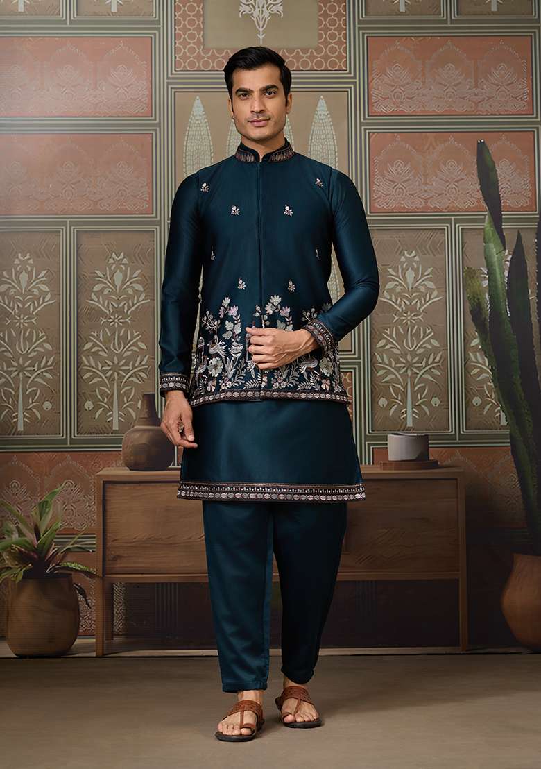 Teal Blue Embroidered Silk Kurta Set For Men - Indya