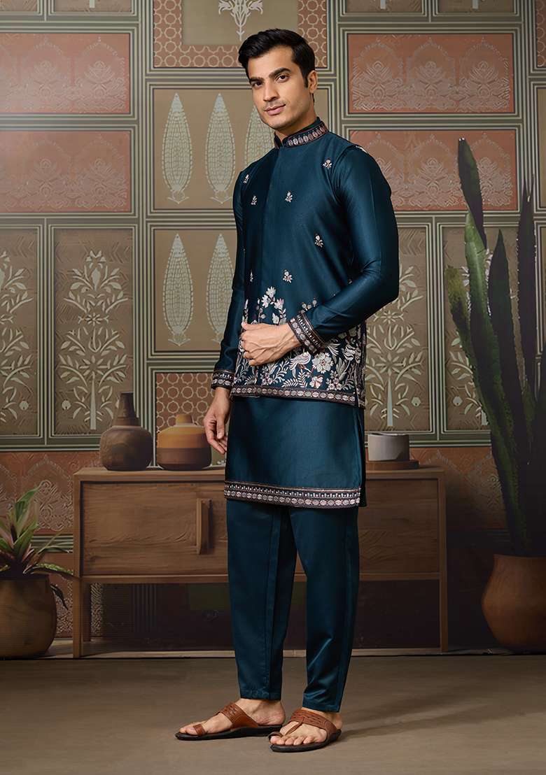Teal Blue Embroidered Silk Kurta Set For Men - Indya