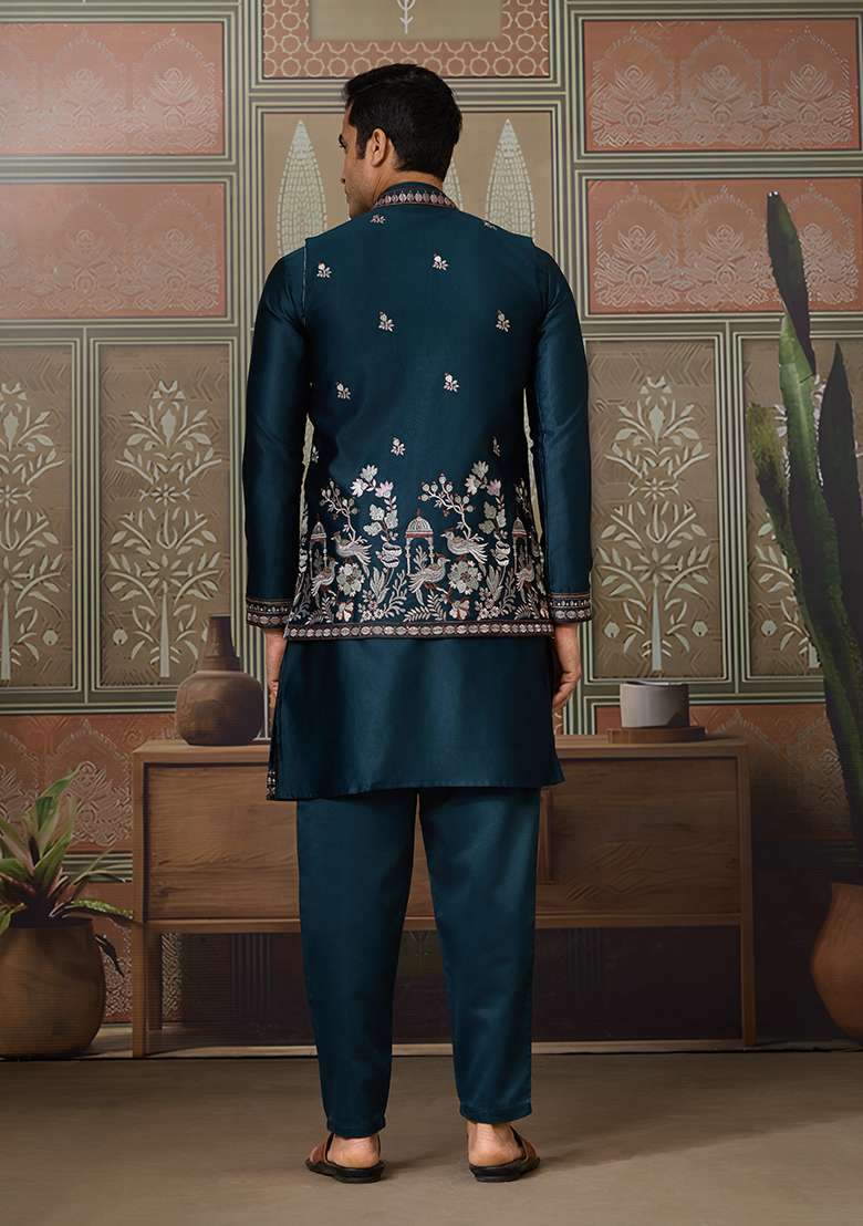 Teal Blue Embroidered Silk Kurta Set For Men - Indya