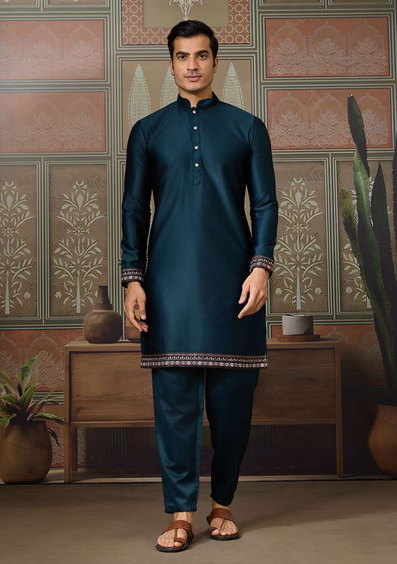 Teal Blue Embroidered Silk Kurta Set For Men - Indya