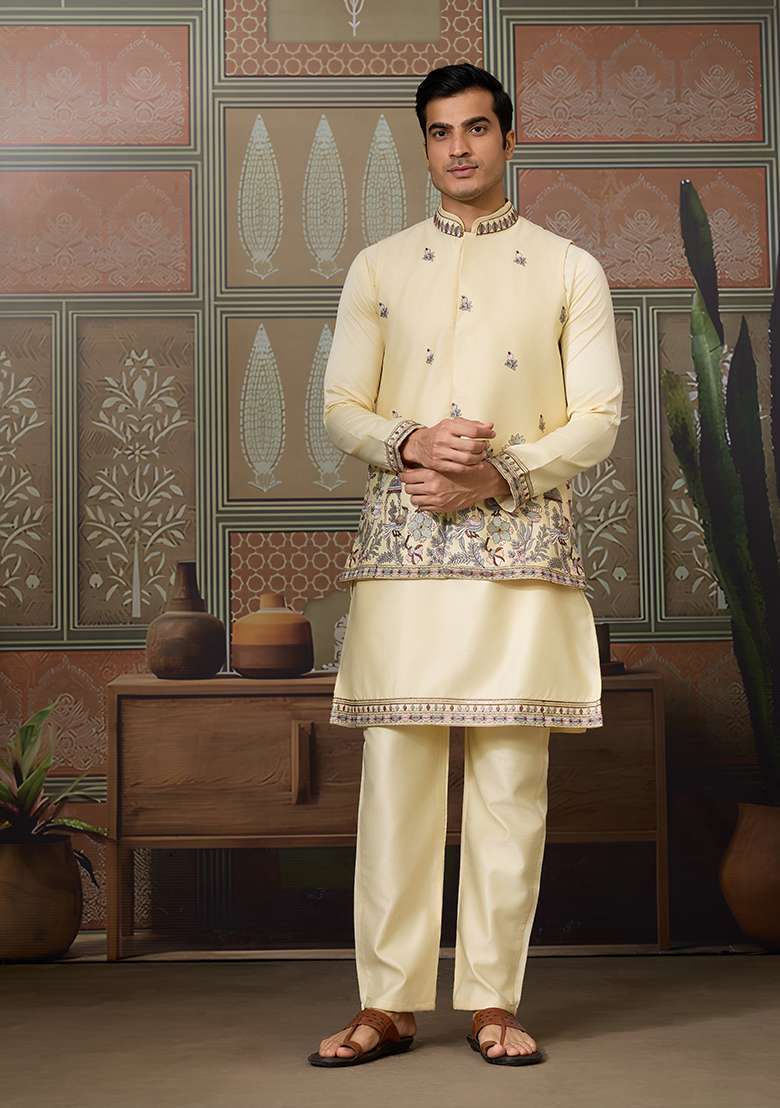 Light Yellow Embroidered Silk Kurta Set For Men - Indya
