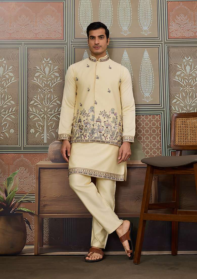 Light Yellow Embroidered Silk Kurta Set For Men - Indya