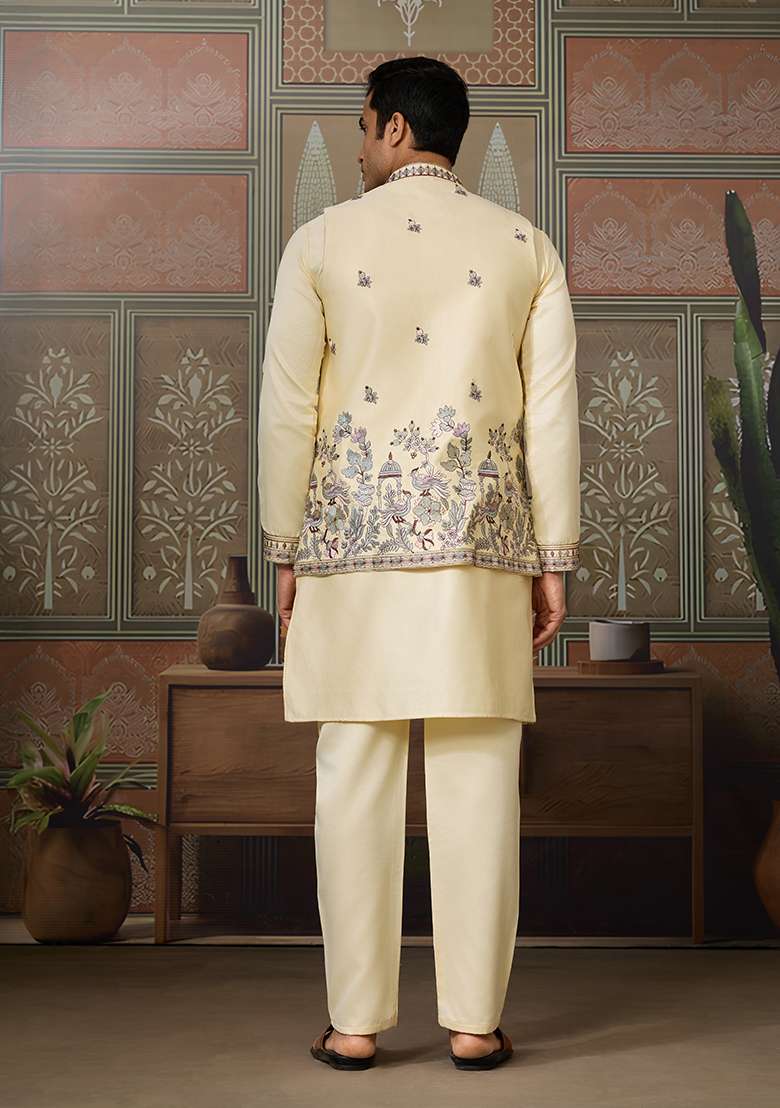 Light Yellow Embroidered Silk Kurta Set For Men - Indya