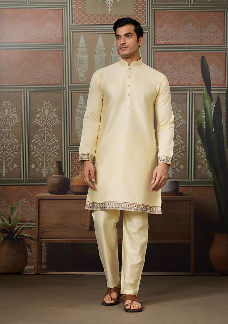 Light Yellow Embroidered Silk Kurta Set For Men - Indya