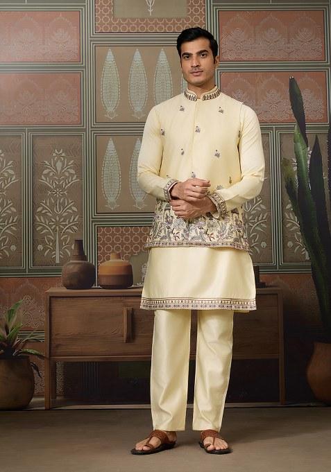 Light Yellow Embroidered Silk Kurta Set For Men