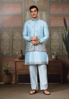 Sky Blue Embroidered Silk Kurta Set For Men