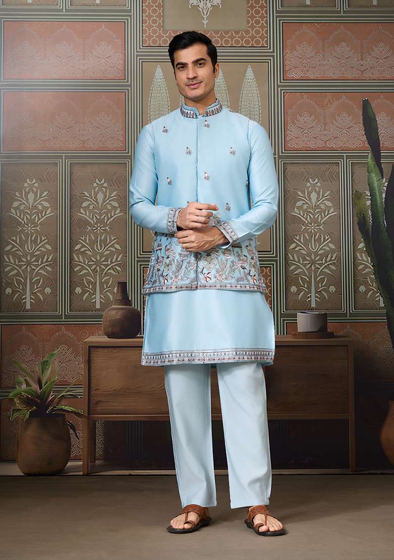 Sky Blue Embroidered Silk Kurta Set For Men - Indya