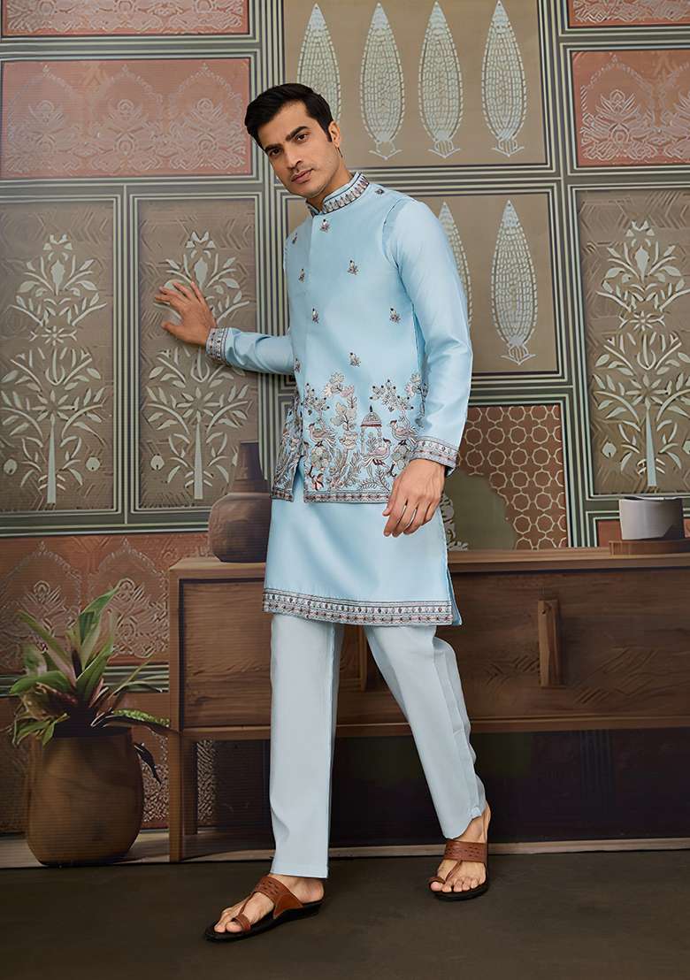 Sky Blue Embroidered Silk Kurta Set For Men - Indya