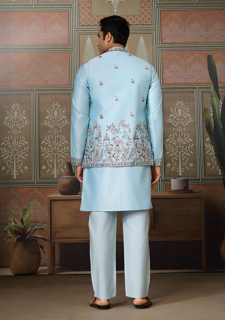 Sky Blue Embroidered Silk Kurta Set For Men - Indya