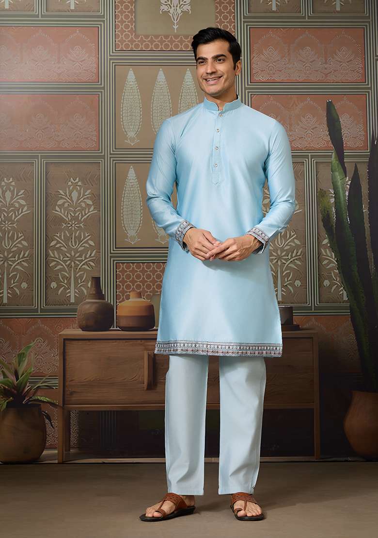 Sky Blue Embroidered Silk Kurta Set For Men - Indya