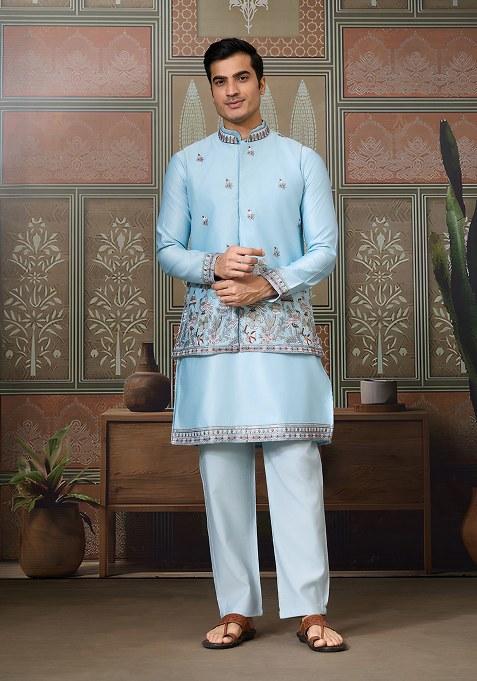 Sky Blue Embroidered Silk Kurta Set For Men