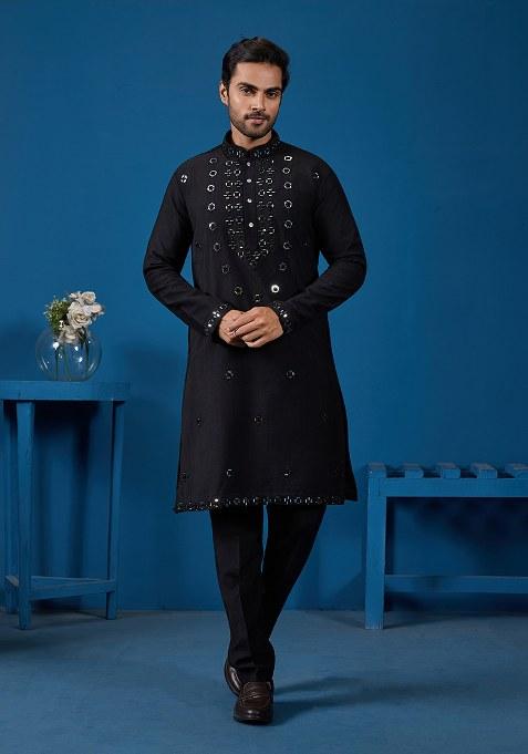 Black Mirror Silk Kurta Set For Men