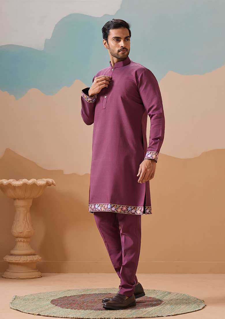 Purple Embroidered Silk Blend Kurta Set For Men - Indya