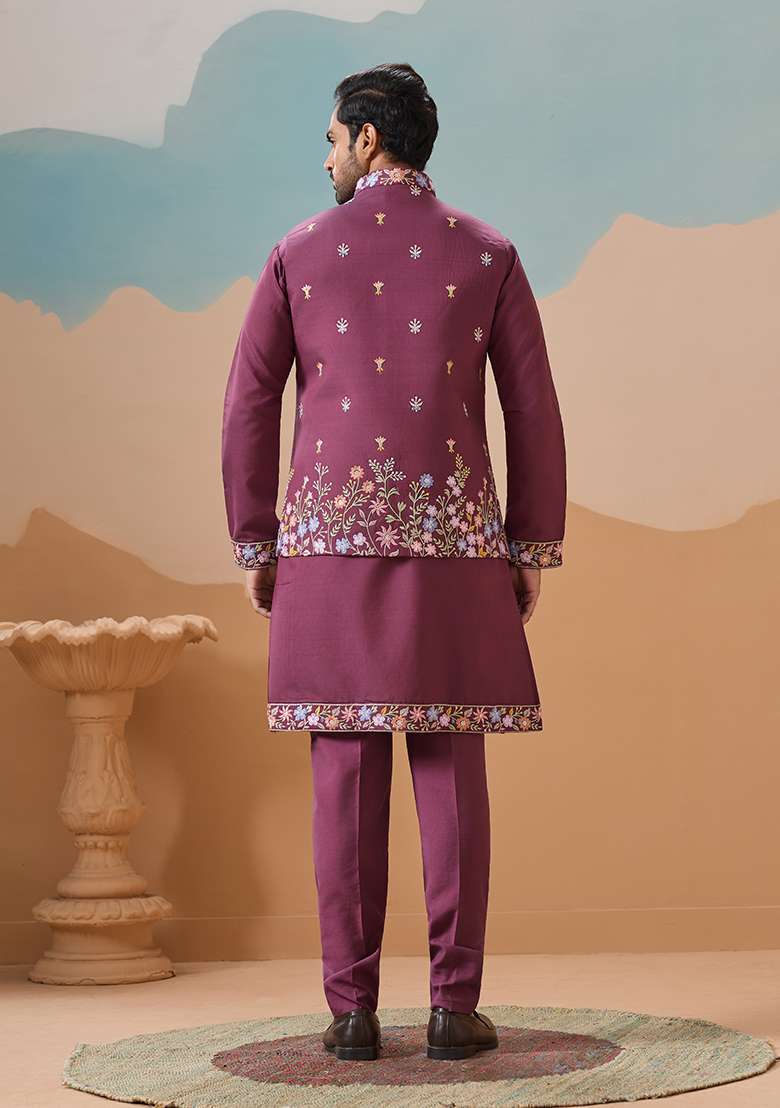 Purple Embroidered Silk Blend Kurta Set For Men - Indya