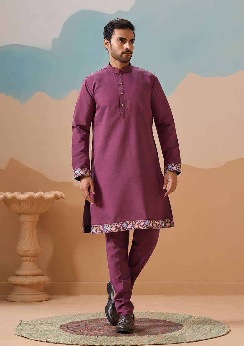 Purple Embroidered Silk Blend Kurta Set For Men - Indya