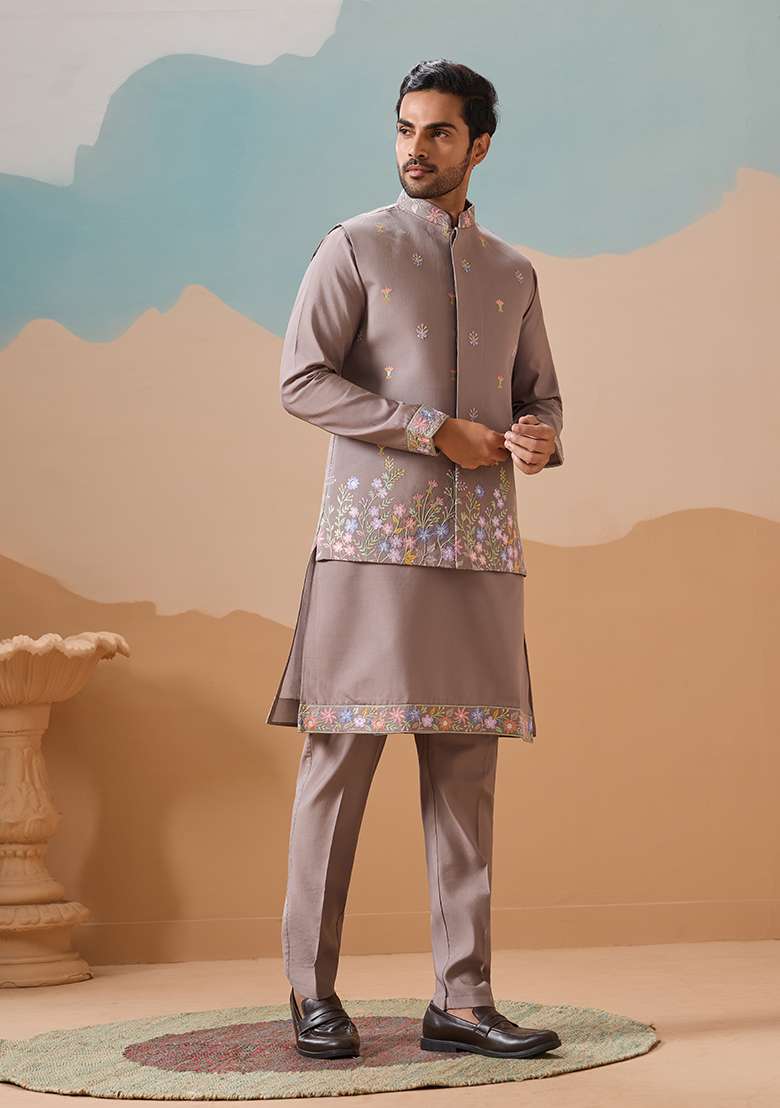 Gray Embroidered Silk Blend Kurta Set For Men - Indya