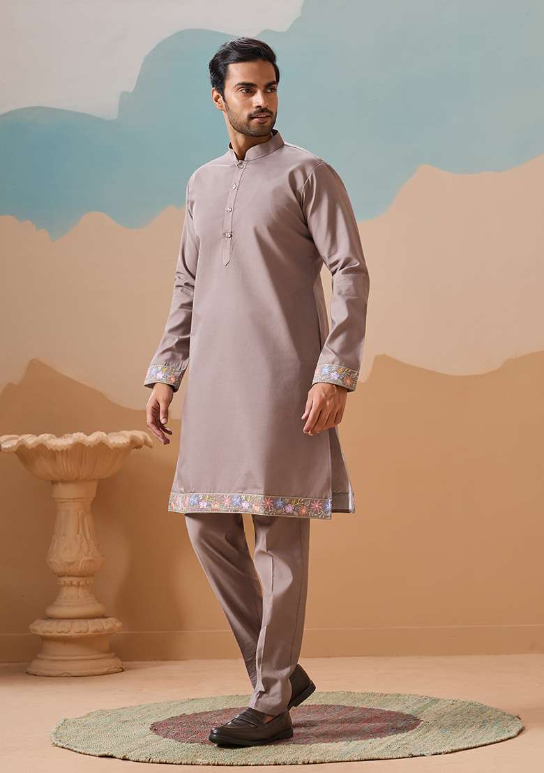Gray Embroidered Silk Blend Kurta Set For Men - Indya