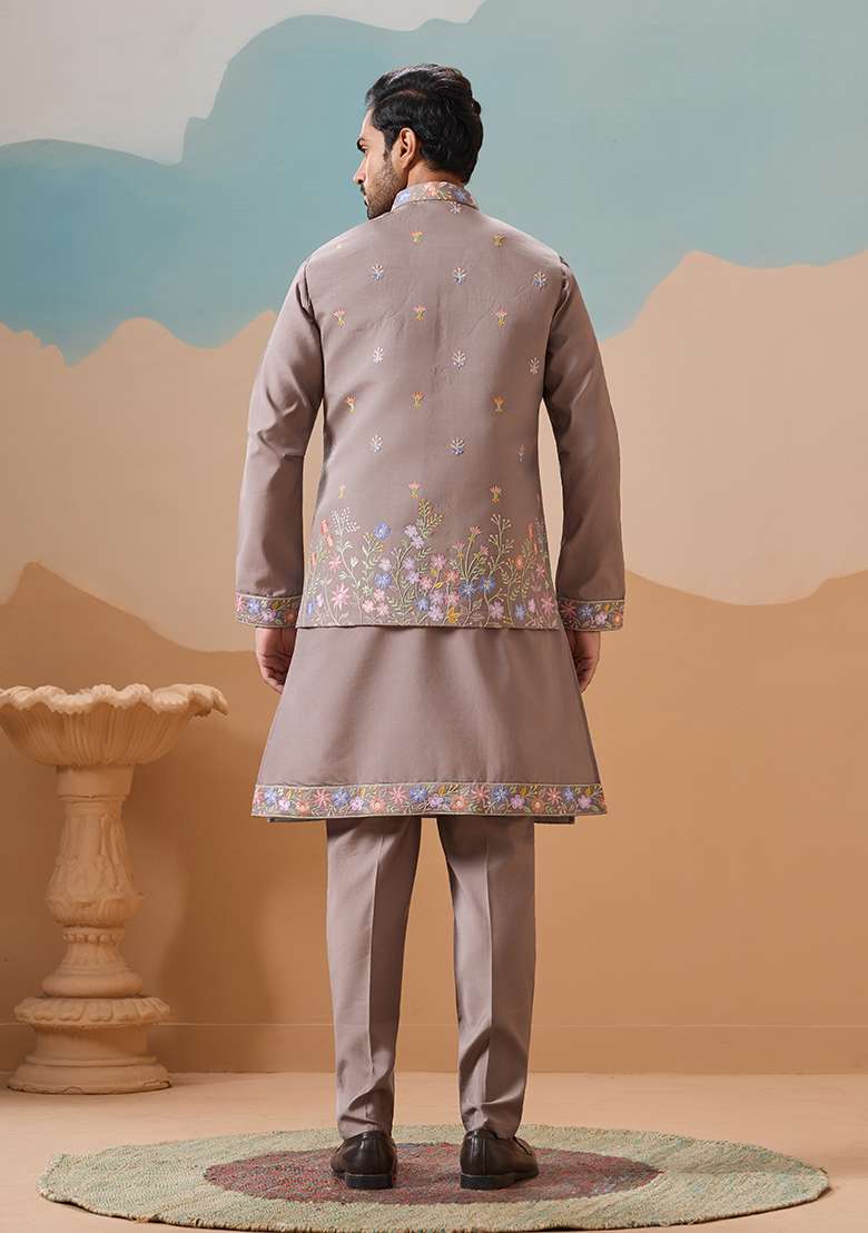 Gray Embroidered Silk Blend Kurta Set For Men - Indya
