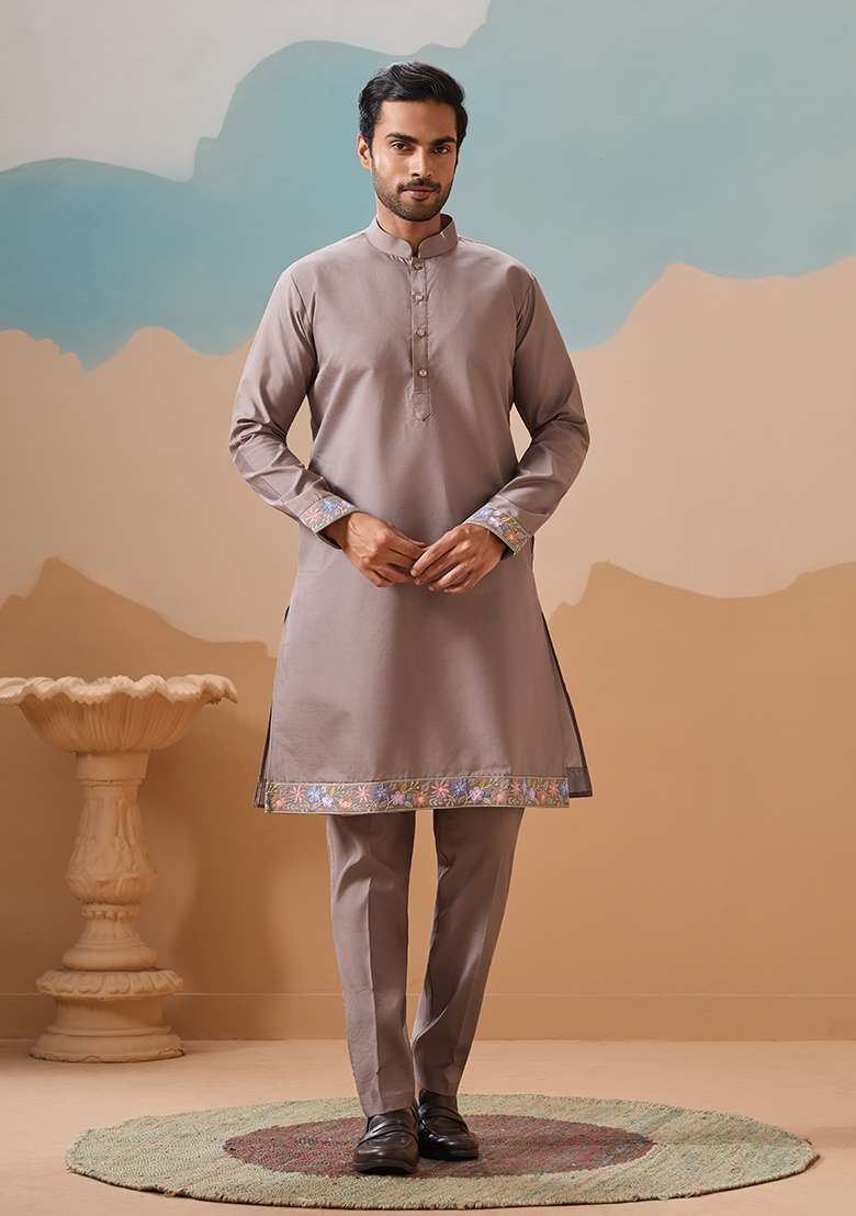 Gray Embroidered Silk Blend Kurta Set For Men - Indya