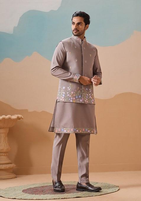 Gray Embroidered Silk Kurta Set For Men