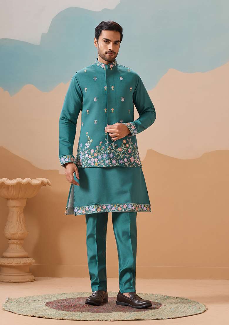 Rama Green Embroidered Silk Blend Kurta Set For Men - Indya