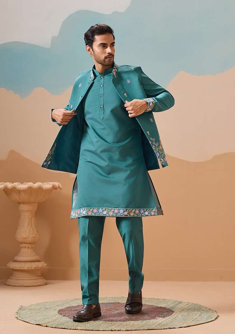 Rama Green Embroidered Silk Blend Kurta Set For Men - Indya