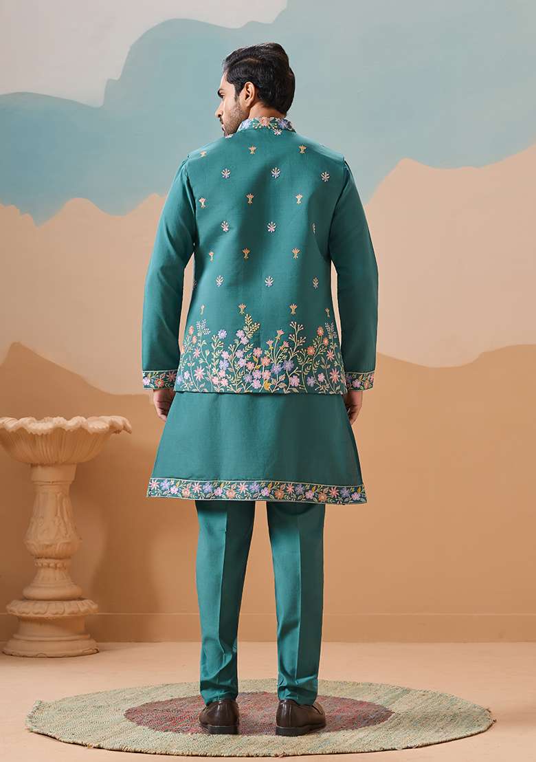Rama Green Embroidered Silk Blend Kurta Set For Men - Indya