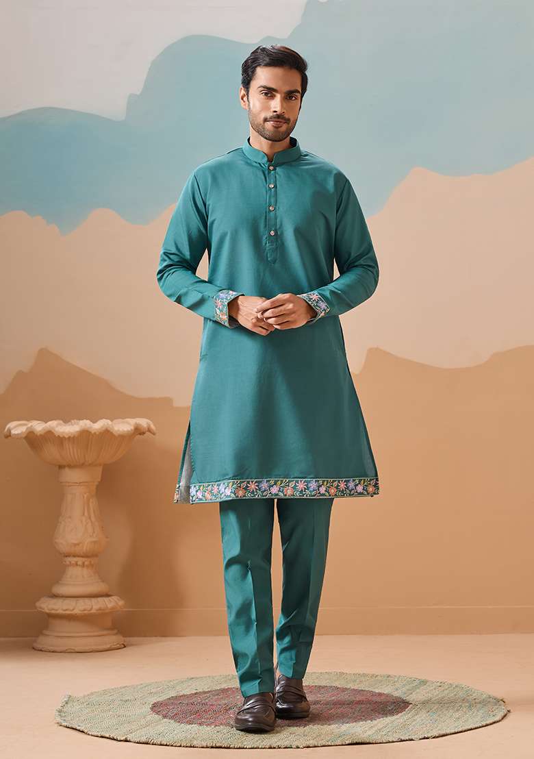 Rama Green Embroidered Silk Blend Kurta Set For Men - Indya
