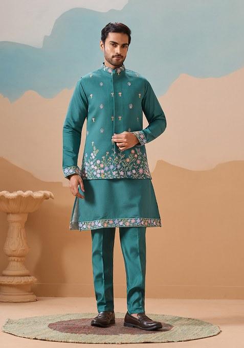 Rama Green Embroidered Silk Kurta Set For Men