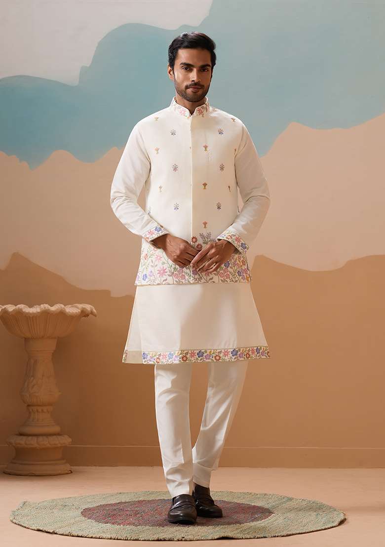 White Embroidered Silk Kurta Set For Men - Indya