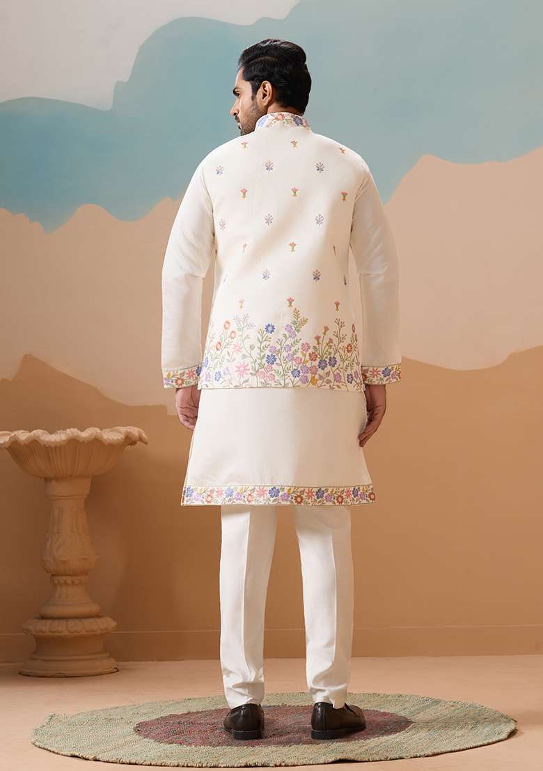 White Embroidered Silk Kurta Set For Men - Indya