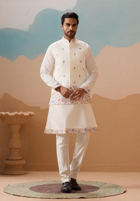 White Embroidered Silk Kurta Set For Men