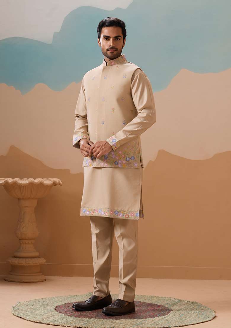 Beige Embroidered Silk Blend Kurta Set For Men - Indya
