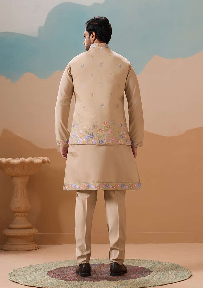 Beige Embroidered Silk Blend Kurta Set For Men - Indya