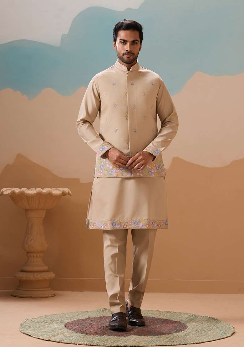 Beige Embroidered Silk Blend Kurta Set For Men - Indya