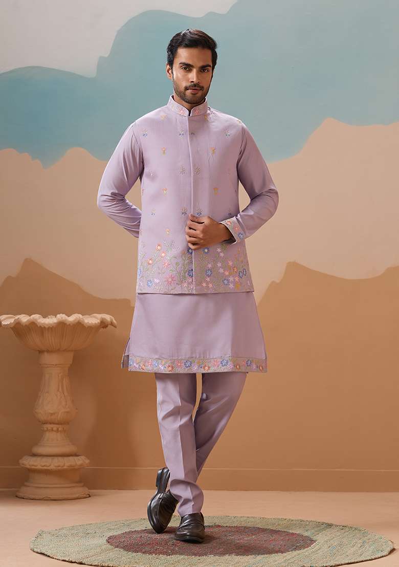 Lavender Embroidered Silk Blend Kurta Set For Men - Indya