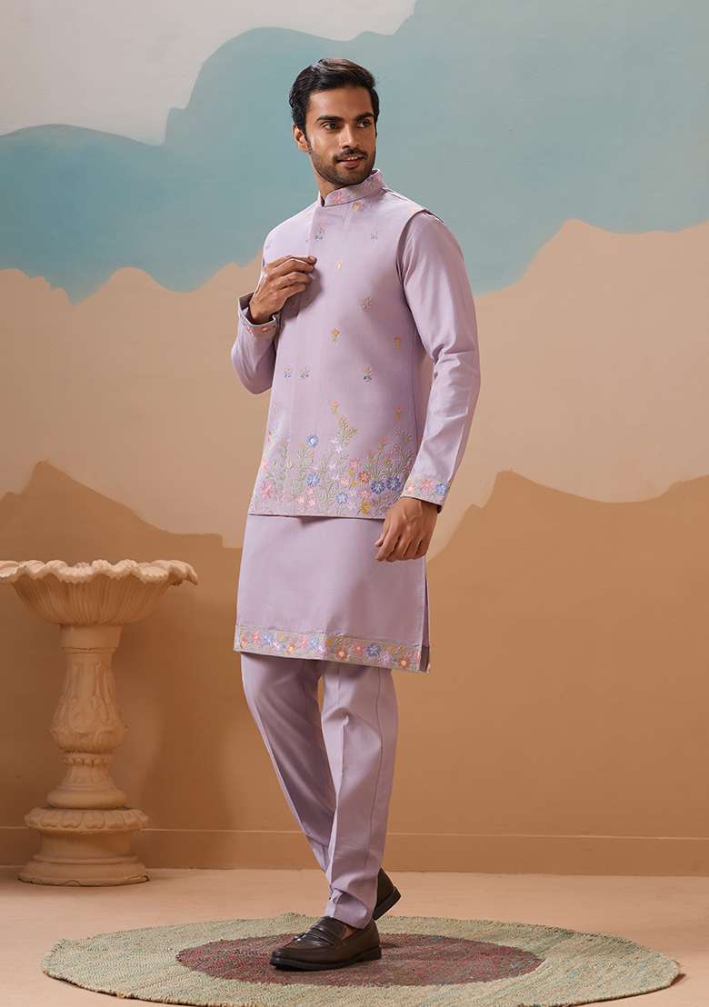 Lavender Embroidered Silk Blend Kurta Set For Men - Indya