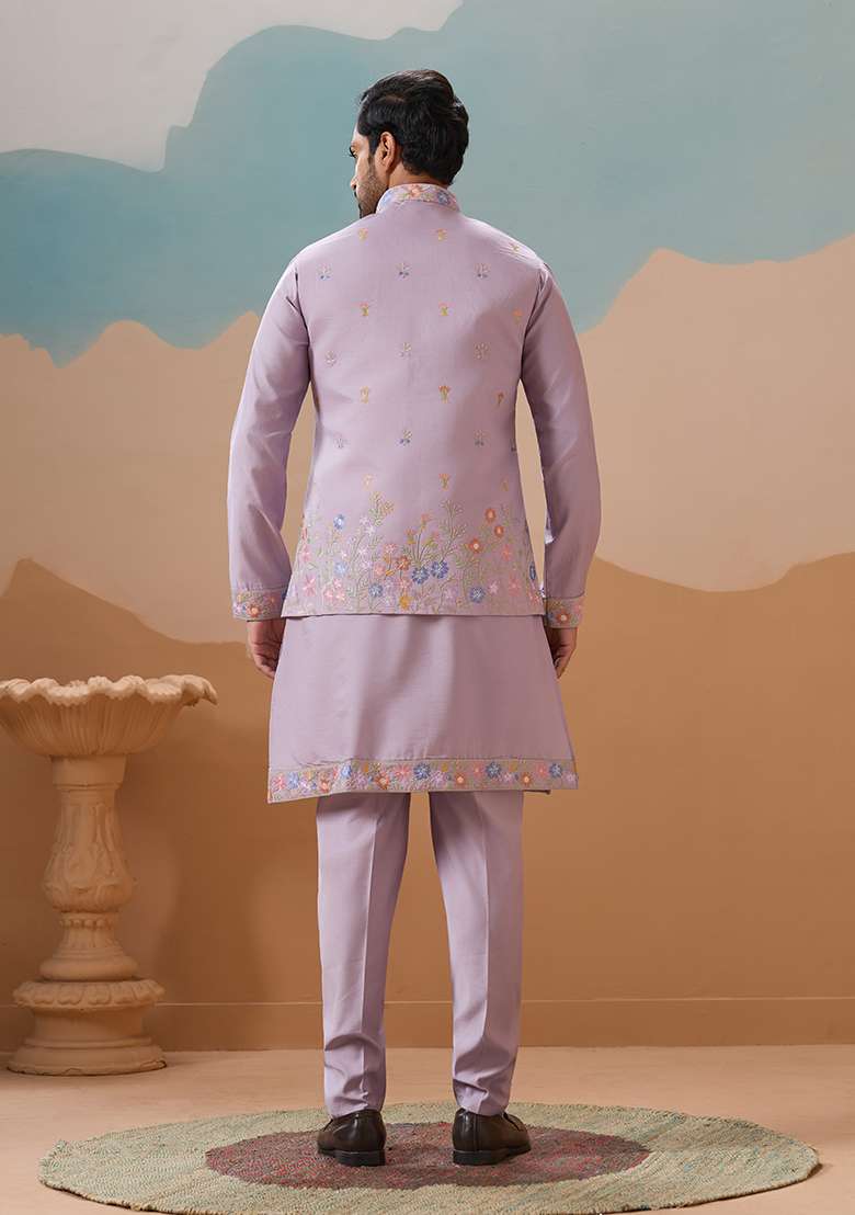Lavender Embroidered Silk Blend Kurta Set For Men - Indya