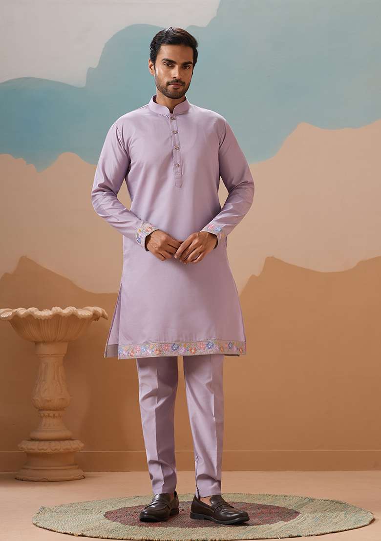 Lavender Embroidered Silk Blend Kurta Set For Men - Indya