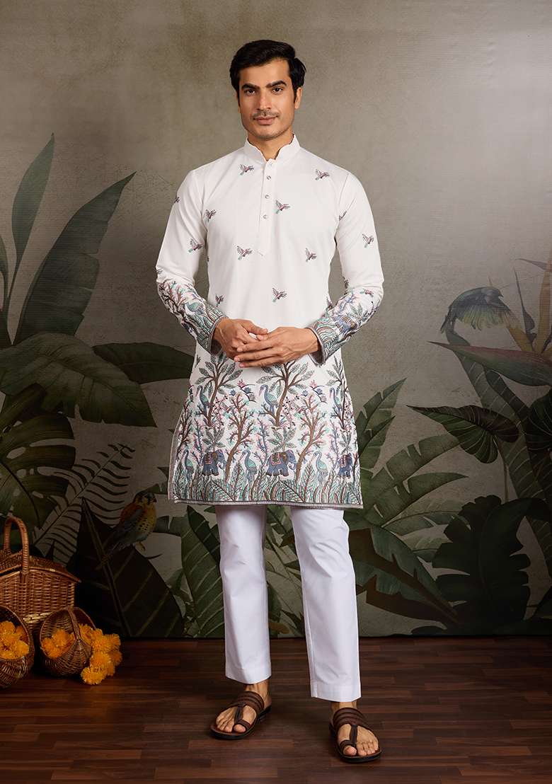 White Embroidered Silk Kurta Set For Men - Indya