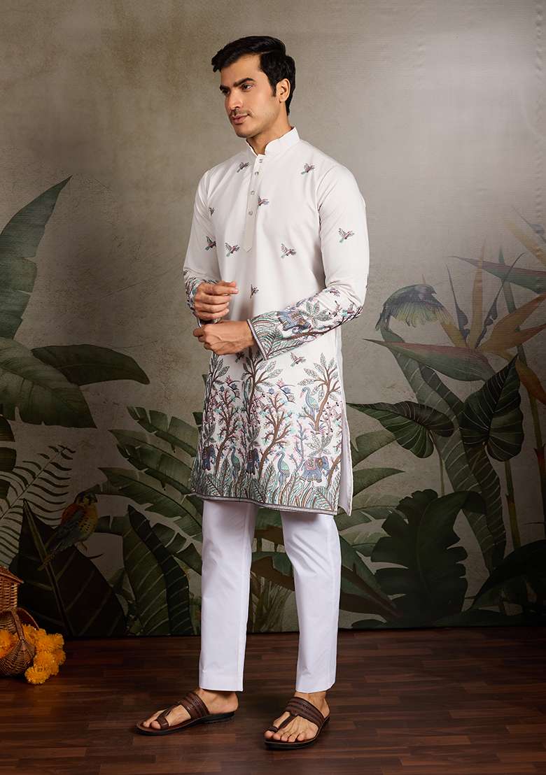 White Embroidered Silk Kurta Set For Men - Indya