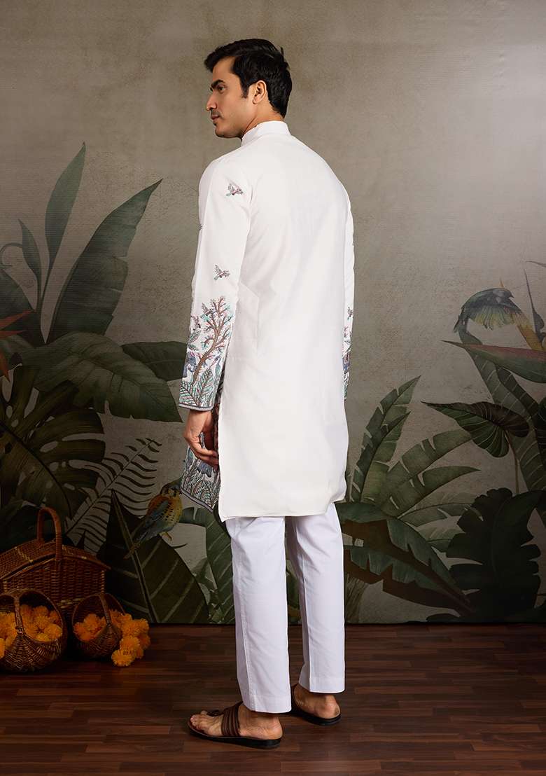 White Embroidered Silk Kurta Set For Men - Indya