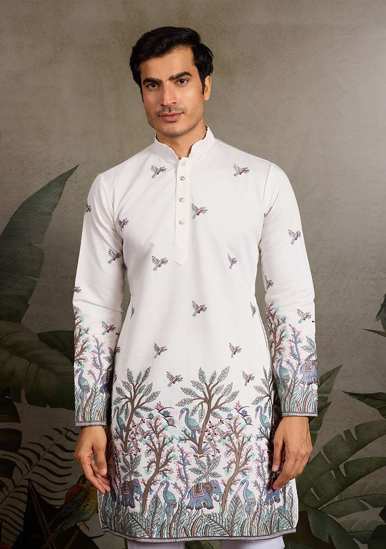 White Embroidered Silk Kurta Set For Men - Indya