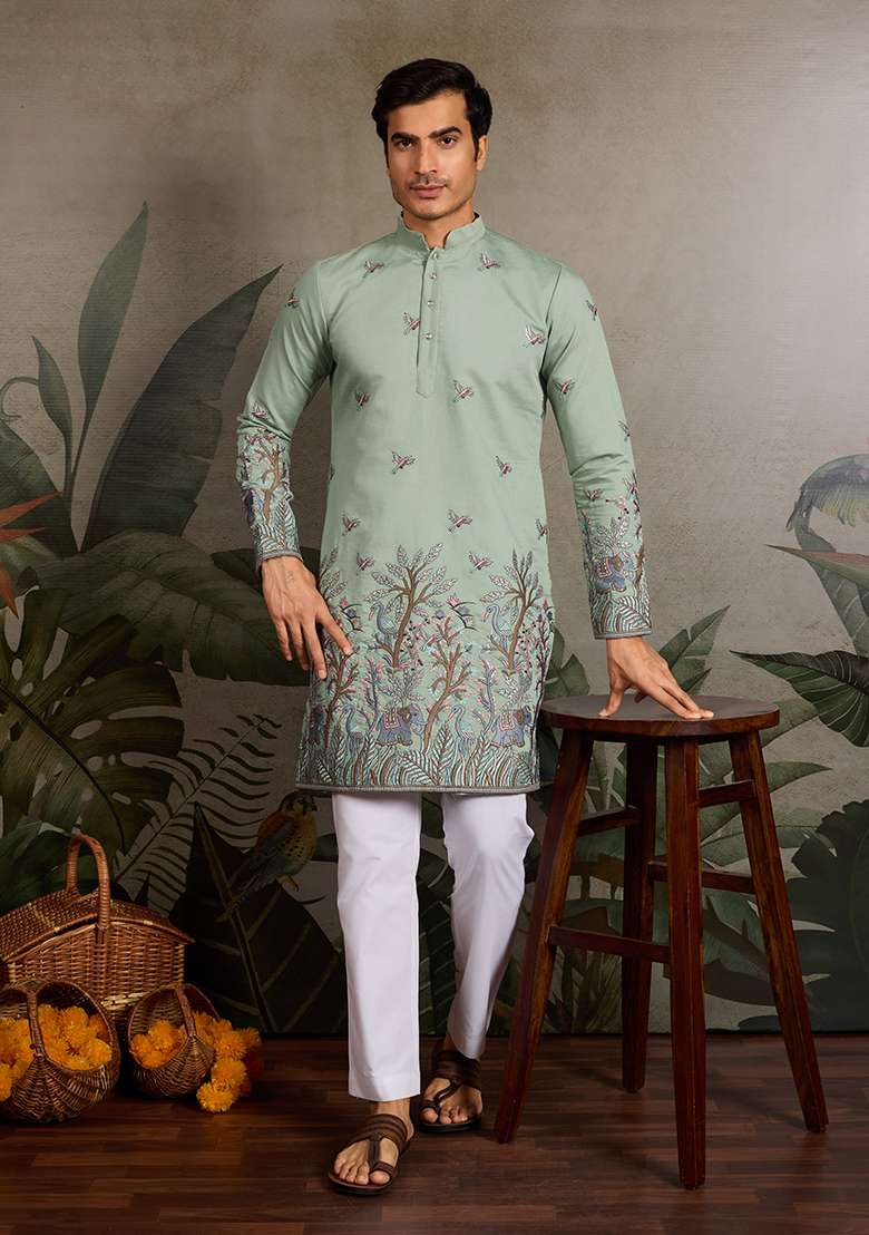 Pista Green Embroidered Silk Kurta Set For Men - Indya