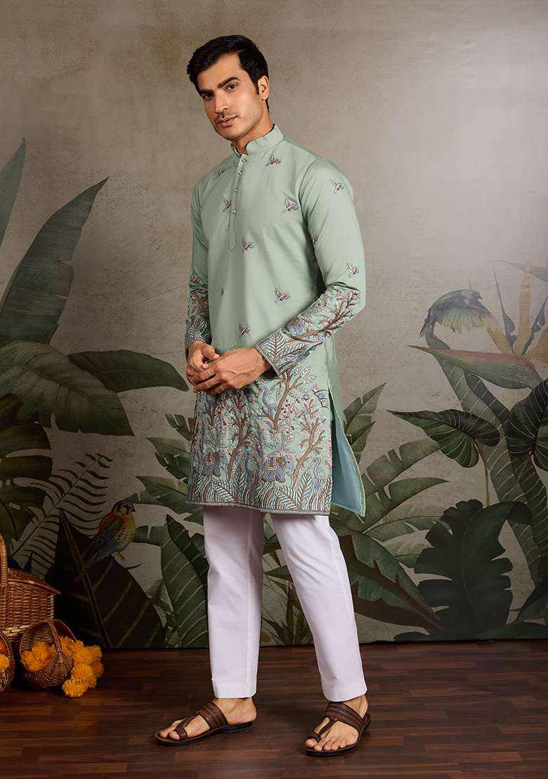 Pista Green Embroidered Silk Kurta Set For Men - Indya